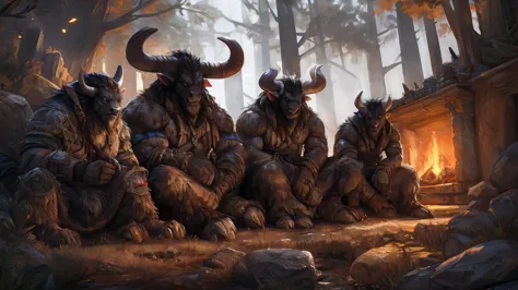 group, minotaurs, fireplace,forest,muscular,hyper_muscles,surrounding,muscular,4k,perfect_body,by kenket, by darkgem, by miosha,...