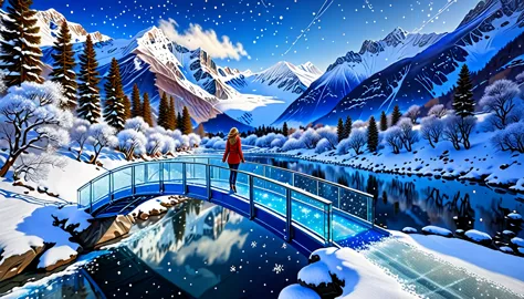 best image, falling small flocos of snow, clear glass bridge, bluish, crossed over a blue river, beautiful long, mountains cover...