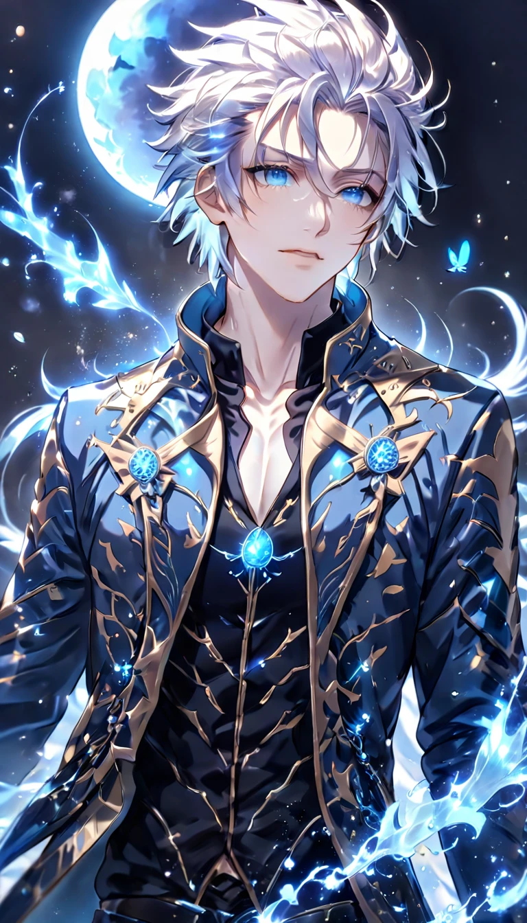 absurdres, highres, ultra detailed, HDR, master piece, best quality, Vergil, white hair, slicked up, expressive blue eyes, Devil May Cry, solo, sexy man, handsome, sensual, blue coat, black shirt, magical, fantasy, water, blue flames, blue moon, starry, blue fireflies, blue flowers, blue butterflies