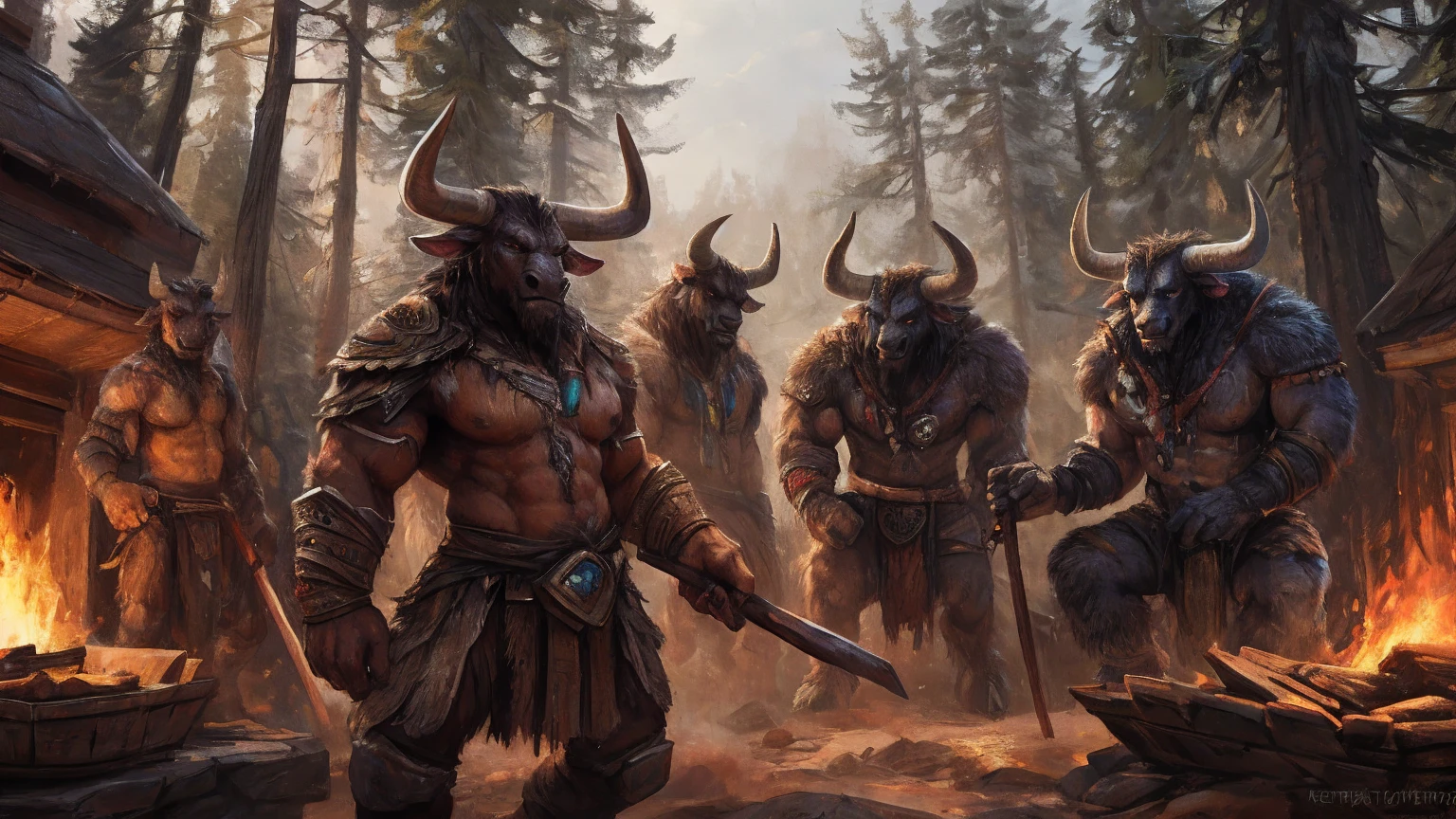 group, minotaurs, fireplace,forest,muscular,hyper_muscles,surrounding,muscular,4k,perfect_body,by kenket, by darkgem, by miosha, serious,smooth_lights, detailed, 3_minotaurs, spears, weapons_on_floor,weapons, tribal, tribal, armors,by kenket, by darkgem, by miosha, (group)((group))(MINOTAUR) (group)((group))(MINOTAUR) (group)((group))(MINOTAUR) (group)((group))(MINOTAUR), tribal, forest, tribal_forestal,warcraft,tribal,perfect_face,perceft_body, outiide,camp,campsite,blood_on_floor,hyper_body,monter_size, (outside),detailed_eyes.perfect_eyes,(detailed_eyes.perfect_eyes)(detailed_eyes.perfect_eyes), blue eyes, big_eyes,standing (Standing),detailed_eyes.perfect_eyes,(detailed_eyes.perfect_eyes)(detailed_eyes.perfect_eyes),detailed_eyes.perfect_eyes,(detailed_eyes.perfect_eyes)(detailed_eyes.perfect_eyes),detailed_eyes.perfect_eyes,(detailed_eyes.perfect_eyes)(detailed_eyes.perfect_eyes)