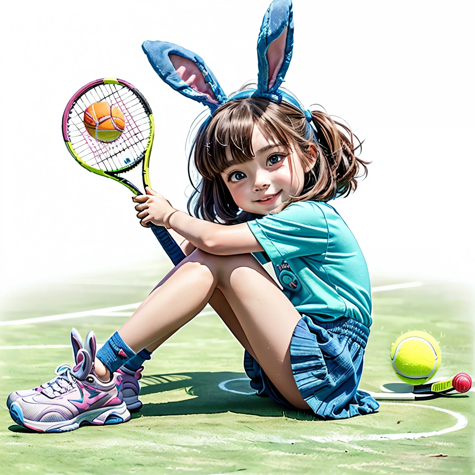 a cartoon dog with a tennis racket sitting on the ground, lola bunny fanart, loony toons style, loony tunes style, hugging her knees, judy hopps, bunny girl, cartoonish cute, gadget hackwrench, with long floppy rabbit ears, drooping rabbity ears, cute anthropomorphic bunny, bunny leg, cartoon character