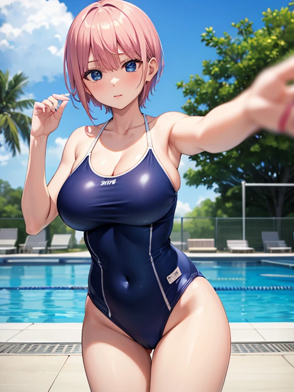 Shooting at the pool,One Can Be, Ichika Nakano,Short Hair, Bangs, Blue eyes, Hair between the eyes, Pink Hair,Big Breasts,Cleavage,School Swimsuit,Navy blue swimsuit,Navy blue swimsuit,White border around a swimsuit,White shoulder straps