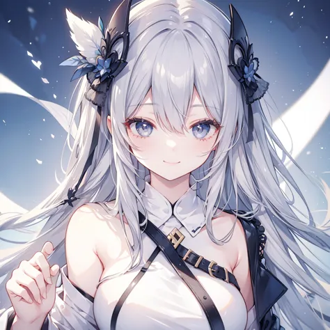 woman、gray hair，long hair，smile，one-eyed wink，illustration