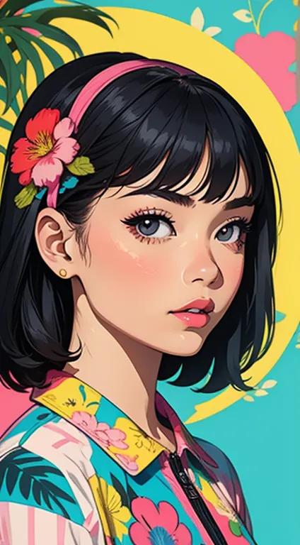 create digital artwork in pop art, featuring a bright and confident young asian girl，street fashion, movie color scheme, surroun...