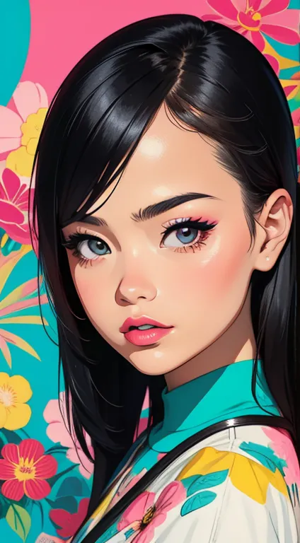 create digital artwork in pop art, featuring a bright and confident young asian girl，street fashion, movie color scheme, surroun...