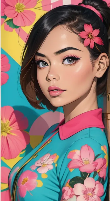 create digital artwork in pop art, featuring a bright and confident young asian girl，street fashion, movie color scheme, surroun...