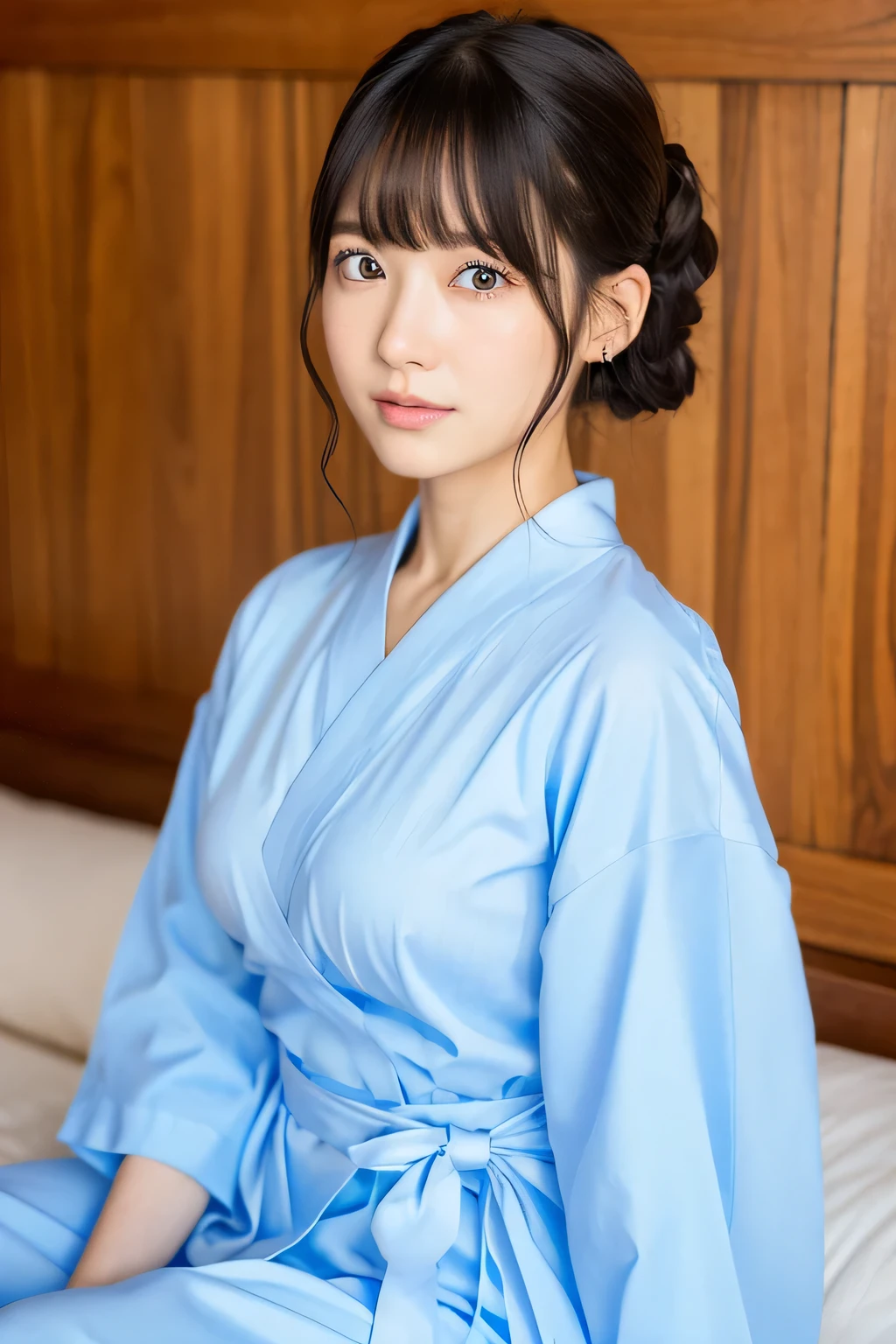 xlgirls, Wearing a light blue yukata、A realistic full-body photo of a Japanese girl sitting in seiza position。Age: about 26 years old。The hairstyle is black.、With bangs、The front hair is parted in 73 parts。Antennae extending to the sides of the ears。 she dislike hair accessories. Eyes、I have double eyelids、Makeup makes eyes look droopy。 The upper eyelashes、It&#39;s so short.、Not voluminous but a little long。 The width of the nostrils is smaller than average. The width of the eyes is about the average for Japanese people.。 151cm 43kg Summer Cool-toned skin Deep pink lips Baby pink cheeks。A slight protruding chin。She has two small earrings in both ears。similar to ushio sarina