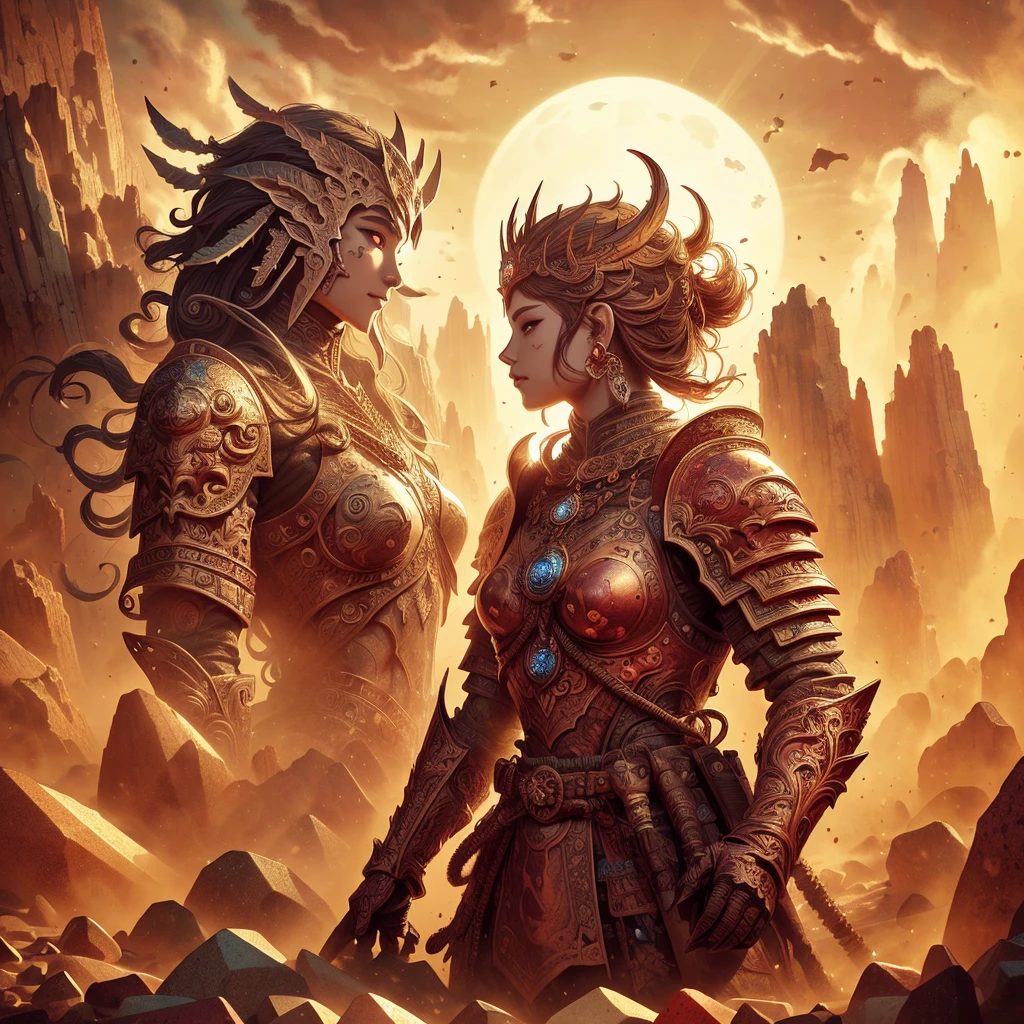 (Ultra-detailed face, looking away, Fantasy Illustration with Gothic, Ukiyo-e, Comic Art, Rich colors), 
BREAK 
(This is a world of rocks and sand with a dust storm of red sand. Two huge 200 meter tall rock statues of legendary soldiers in armor stand side by side facing each other. parabolic effect)