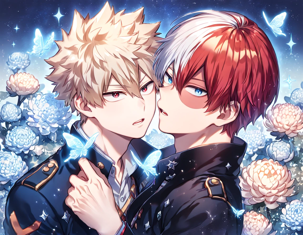 absurdres, highres, ultra detailed, HDR, master piece, best quality, extremely detailed, Todoroki Shouto, bicolor hair, right side white hair, left side red hair, expressive blue eyes, Boku No Hero Academia, Bakugo Katsuki, ash-blonde hair, expressive red eyes, two sexy men together, yaoi, gay couple, handsome, manly man, black coat, dark blue coat, fantasy, magical, crystal, sparkling, silver glittering fireflies, silver moon, silver blossoms, silver ice chrysanthemums, silver sparkling lights, starry sky, blue flames, silver ice butterflies