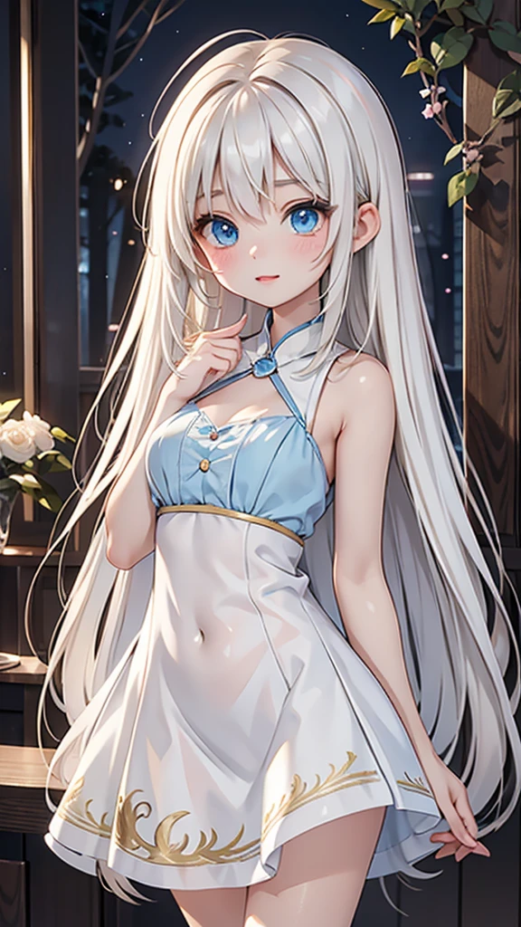 Late 20s European woman、Anime-style illustrations。Short stature with a youthful appearance、Fair skin。Short stature with a youthful appearance、Long, bright golden-white hair、Big Blue Eyes。Delicate and slender figure。Wearing a fairy-like elegant dress。Cute expressions and gestures。The background is a forest at night。Overall delicate and dreamy atmosphere。High-quality digital art。Depict the whole body。