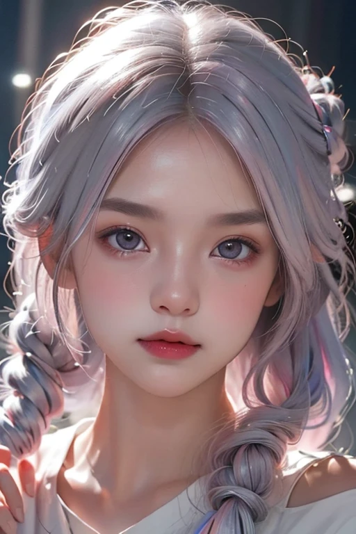 ((upper body)), 1girll,Light shines on the face, rosy lips, topknot, glowing eyes, hair bun, Surrealism, close-up, Sony FE GM, polar opposites, symmetry, UHD, masterpiece, super detail, high details, highres,pink silver hair,Small breasts,Are thin,