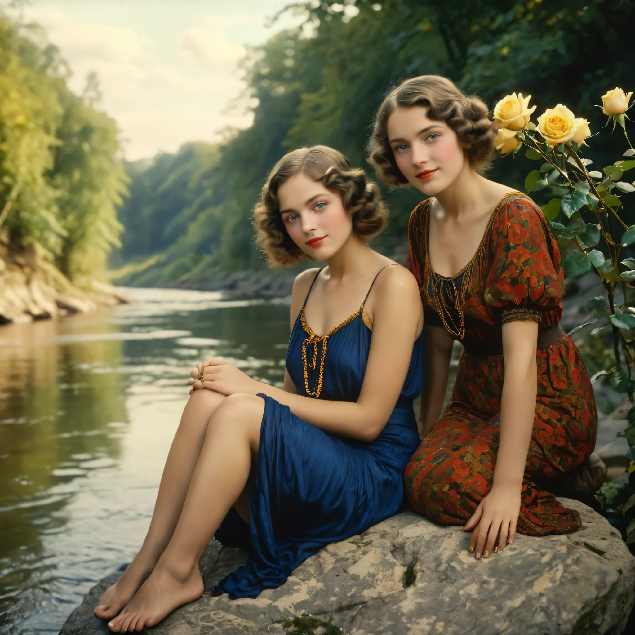 (high quality,ultra-detailed,realistic:1.37 two women sitting on a rock near a river, a colour portrait by Rudolf Freund, flickr, fine art, 1920s photography, 1 9 2 0 s photography, 1 9 1 0 s photography, 8k artistic 1920s photography, girls resting, béla tarr, 1910 photography perfect beautiful faces, very sexy, 1920s woman, has lots of yellow and red roses, she has blue eyes and a sensual smile, her skin is tanned, (photorealistic:1.4)(Ultra high resolution: 1.2), (reality: 1.2), (8K: 1.2), (detail, ultra high) like a scene from ancient times, Mystical, beautiful ambient lighting, intricate, realistic, studio quality, Captivating, Professional Studio Lighting, Expertly lit, The scene is filled with a sense of tranquility, magic, and natural beauty, transporting the viewer to a world of fantasy and wonder (best quality, high resolution)