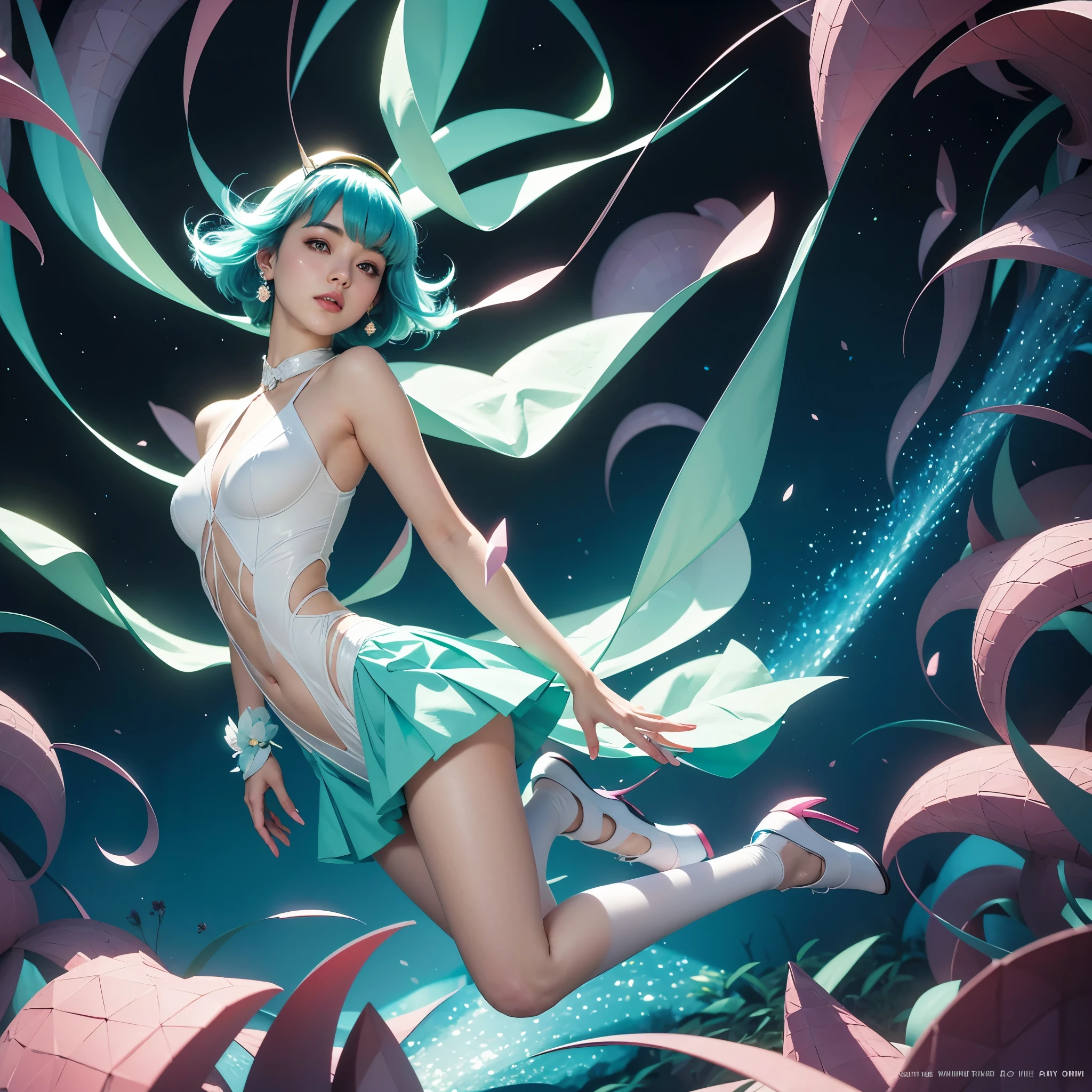 A geometric low poly, serene spacegirl with relaxed pose, adorned in retro-futuristic attire, including heels and an aviator helmet, surrounded by ethereal, glowing spider webs, amidst a vibrant biome landscape of turquoise, iridescent crystals, and luminescent green tentacles. Her outfit features a mix of 70s-inspired geometric patterns, blended with low-poly fractal elements, reminiscent of Hajime Sorayama's style. Soft, pastel hues with neon undertones evoke a nostalgic, hand-drawn feel, imbuing the artwork with a dreamy, otherworldly quality. Folds of delicate, origami-paper-inspired textures accentuate her robotic limbs, while holographic, pearlescent, and glitter accents dance across her suit. Her face, softened with a subtle glow, bears a gentle, anime-inspired expression. The atmosphere is bathed in divine, soft-focus light, with sunbeams and glowing bioluminescence permeating the space. The landscape itself is a blend of mystical, underwater caverns and celestial clouds, inviting the viewer to explore. The entire scene is depicted with vibrant clarity, as if created with stationery and crafted with intricate papercraft details, resplendent in a bright 8K resolution with  megapixels.