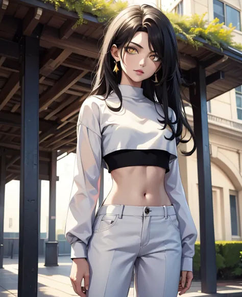 black hair,yellow eyes,masterpiece, best quality, high quality, highres, outdoors, looking at viewer, white shirt, crop top, mid...