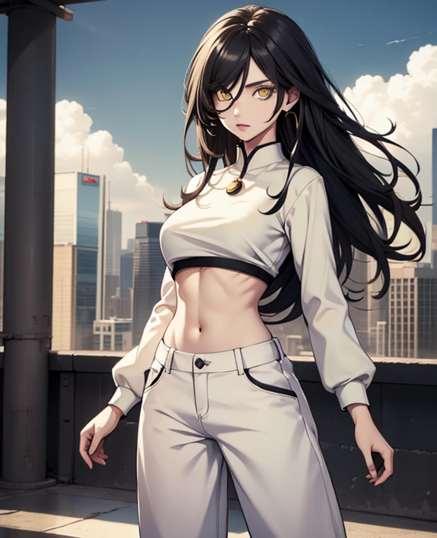 black hair,yellow eyes,masterpiece, best quality, high quality, highres, outdoors, looking at viewer, white shirt, crop top, midriff, navel, white pants, Jenny, tall female,
