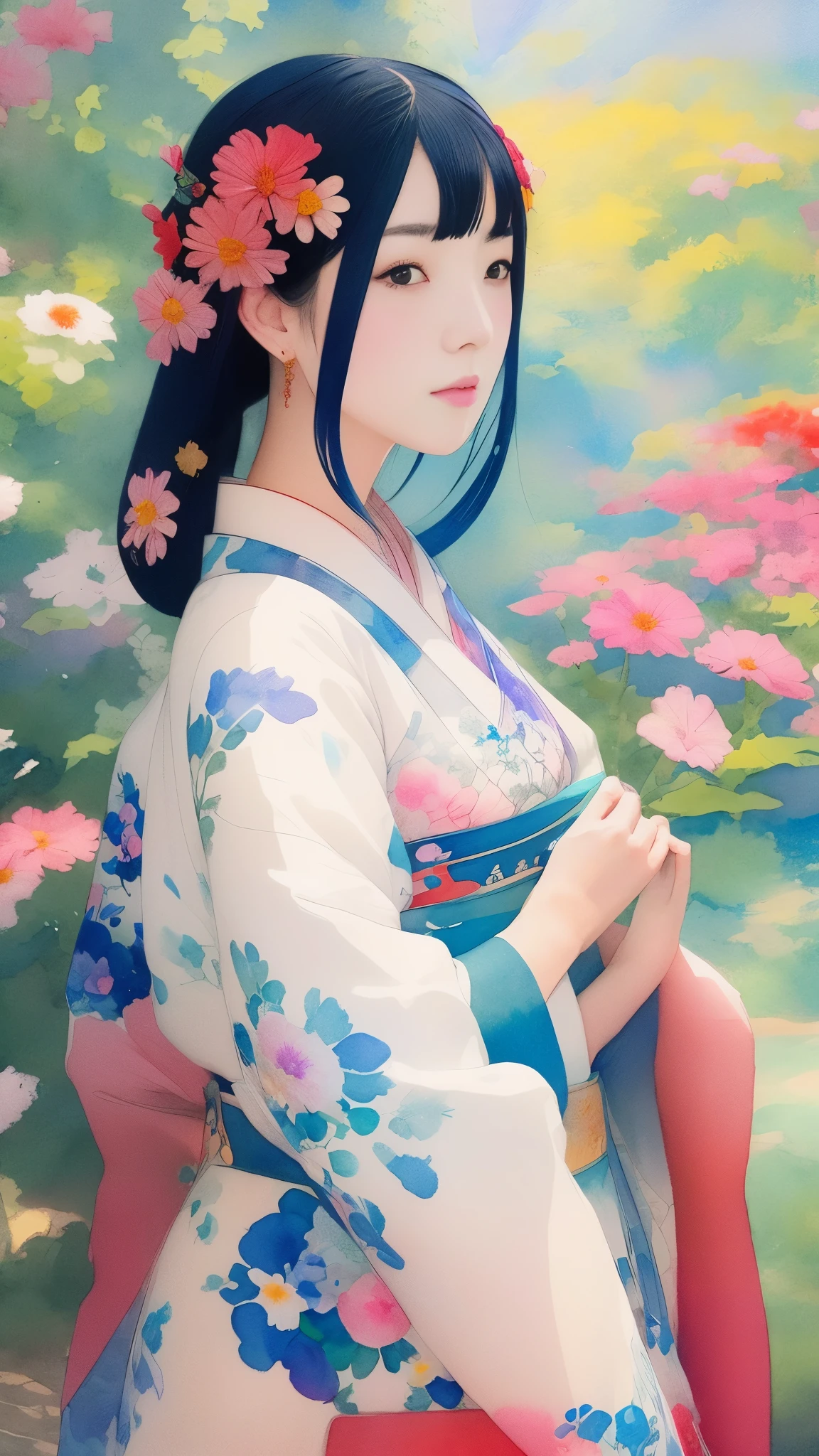 Beautiful adult woman, 22 years old、Watercolor、An illustration、Blue mandala flower、A woman who captivates。Passionate color palette、Red kimono、clear、Black Hair、Bobcut、Japanese、Upper Body、Masterpiece、Highest quality