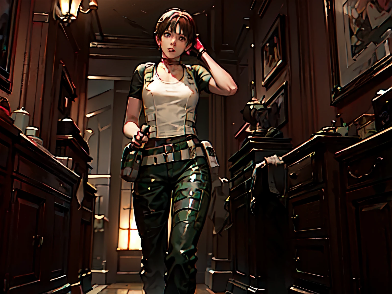 (rebecca_chambers), (re1costume), ((masterpiece)), (((best quality))), ((ultra-detailed)), ((illustration)), 1girl, (solo),  looking at viewer, Indoors, black gloves, night, hands behind head,