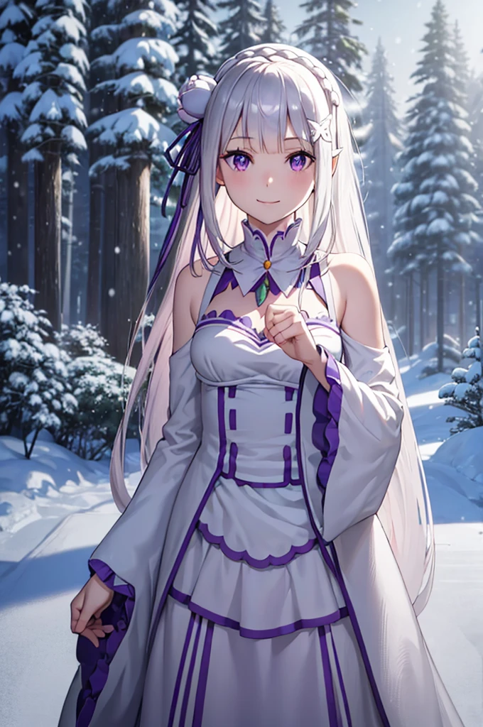 (masterpiece:1.3), (best quality:1.1), (8k, ultra detailed, ultra high res:1.2), ((anime style)), perfect hands, perfect 5 fingers, perfect anatomy, dynamic pose, leaning forward, standing, 
1girl,
emilia, 
emilia\(re:zero\),
long hair, low-tied long hair, braid, crown braid, 
white hair, 
(purple eyes:1.2), (beatiful detailed eyes:1.2), 
pointy ears, 
flower, hair flower, hair ornament, hair ribbon, white flower, x hair ornament, 
medium breasts, 
dress, pink dress, bare shoulders, detached collar, long sleeves, shoulder cutout, wide sleeves, white sleeves, 
(smile:1.3), 
BREAK looking at viewer, 
upper body, 
perfect light, outdoor, forest, crystal trees, (snow:1.5), winter, 