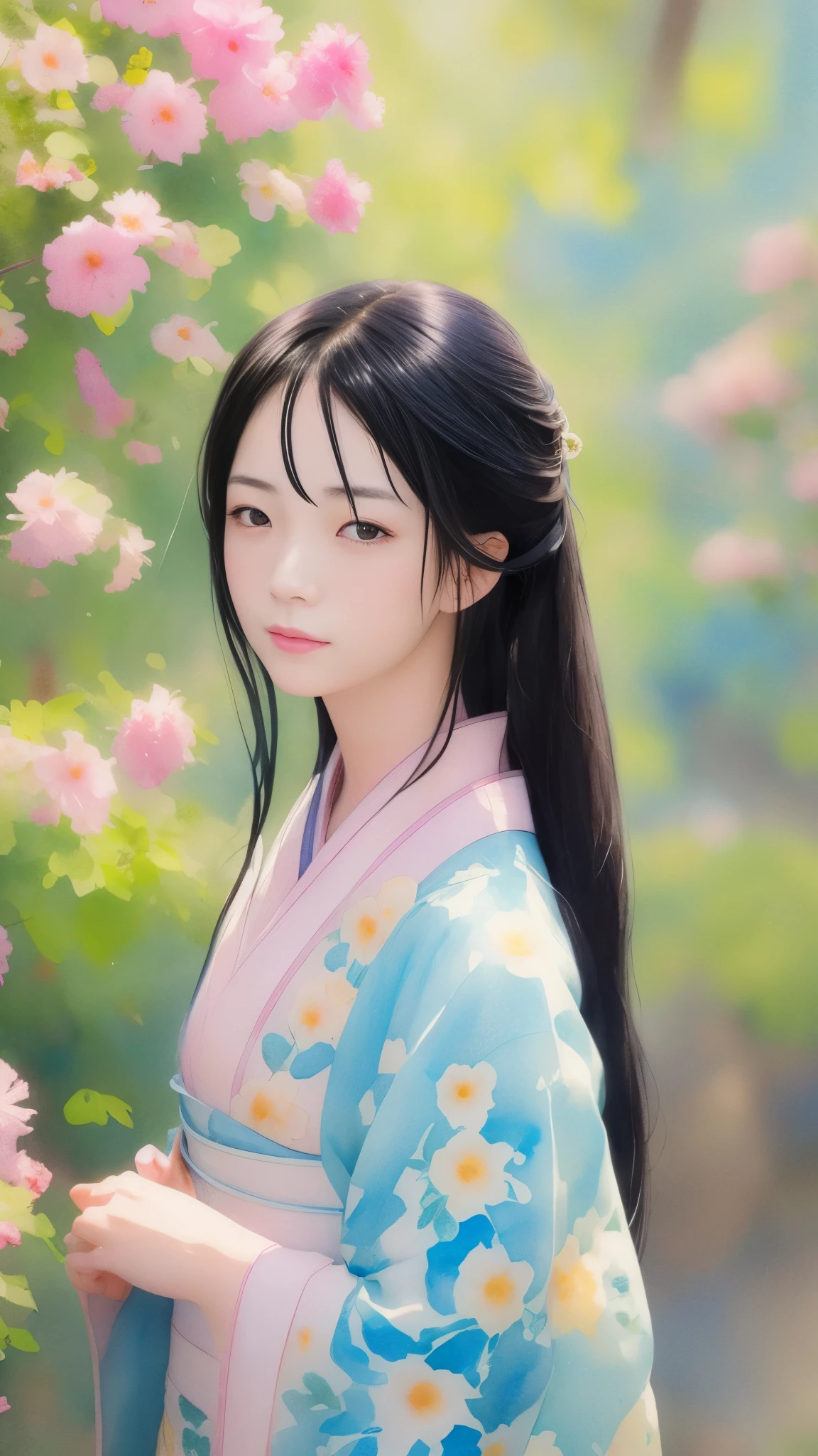 Beautiful adult woman, 22 years old、Watercolor、An illustration、Photographed from the front、Close-up of face、Shooting with a wide-angle lens、solo、One person、rain、kimono、clear、Black Hair、Japanese、Upper Body、Masterpiece、Highest quality