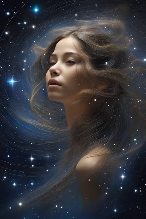 the swirling movements of the infinite stars of the universe eventually draw a very beautiful face of a girl , amazing illusion ...