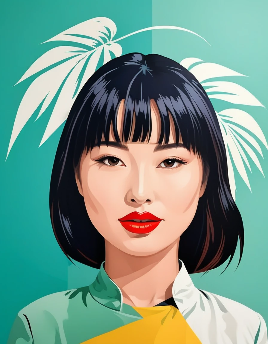 A modern beautiful minimalist abstract artwork Roy Lichtenstein style shows a Japanese female face in the shadow of a bright mint palmleaveand minimalist background, vector design, use bold pastel colors, poster,kodew