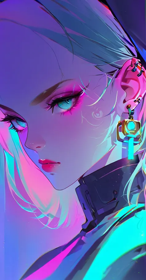 a close up of a person with tattoos, cyberpunk art inspired by yanjun cheng, nun, earrings and ear piercing, vibrant colors, sat...