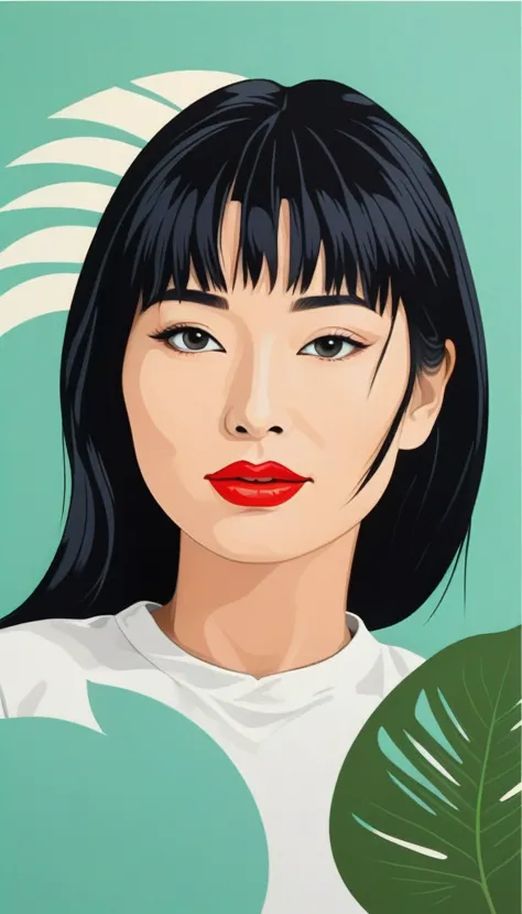 a modern beautiful minimalist abstract artwork roy lichtenstein style shows a japanese female face in the shadow of a bright min...