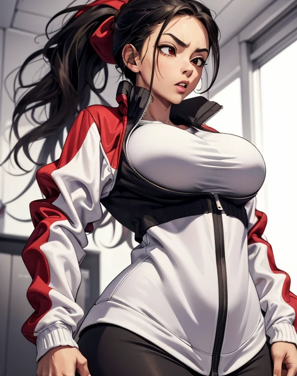 (best quality), (masterpiece), 1 girl, early 20's, huge heavy breasts, busty, perky breasts, thick, thick lips, wide hips, thin waist, clothes tug, jacket tug, track jacket, undersized jacket, small jacket, white shirt, ponytail, red eyes, black hair, struggling to zip jacket, annoyed