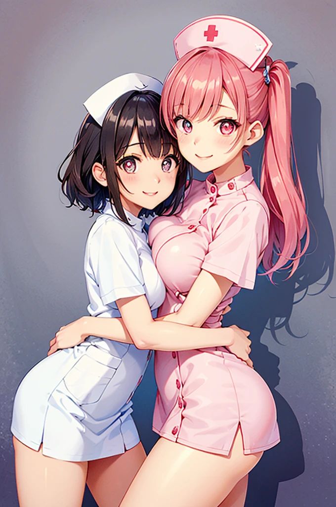 UHD, masterpiece, anatomically correct, super detail, high details, best quality, 8k,perfect beauty 2girls, oily skin, random Breast size、random hair style、random hair color,nurse uniform,nurse cap, crazy eyes, mismatched pupils, smile, anime style, retina,(hug),pink heart