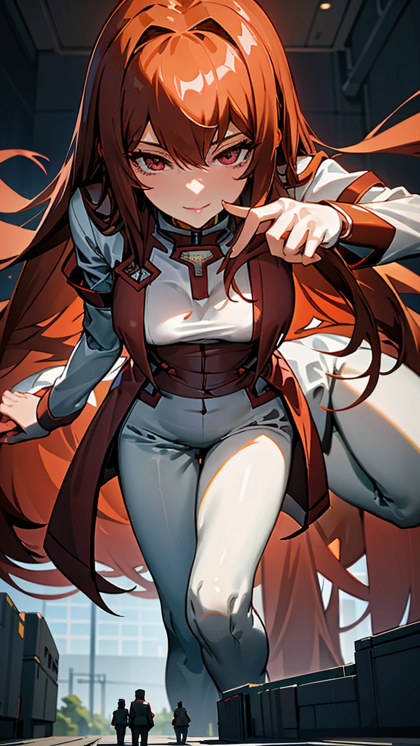 Giantess ((Kurisu Makise from Steins;Gate)) intelligent and composed (masterpiece best quality) soft smile, eyes sharp with intellect (real picture intricate details) (1 lady solo tall and slender figure) long auburn hair, deep red eyes (tight lab coat, emphasizing her slender, elegant form) towering over a tiny scientist, her fingers gently adjusting her glasses, the overwhelming difference in their power making her feel a deep, intellectual satisfaction. She relishes the control she has, her mind racing with possibilities. Background: High-tech laboratory, the air filled with the hum of machinery and the scent of fresh coffee.

