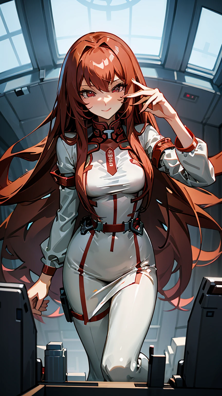 Giantess ((Kurisu Makise from Steins;Gate)) intelligent and composed (masterpiece best quality) soft smile, eyes sharp with intellect (real picture intricate details) (1 lady solo tall and slender figure) long auburn hair, deep red eyes (tight lab coat, emphasizing her slender, elegant form) towering over a tiny scientist, her fingers gently adjusting her glasses, the overwhelming difference in their power making her feel a deep, intellectual satisfaction. She relishes the control she has, her mind racing with possibilities. Background: High-tech laboratory, the air filled with the hum of machinery and the scent of fresh coffee.

