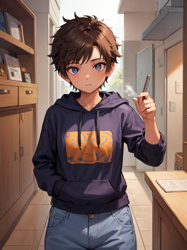 A girl with pixie two block haircut with light brown colored hair. Have a brown colored eyes. Small pupils. Have C cup breasts. Make her look like a boy, happy. Wearing an oversized hoodie and short pants