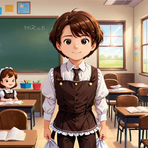 man, brown hair short, maid outfit, inside classroom, nlg art style