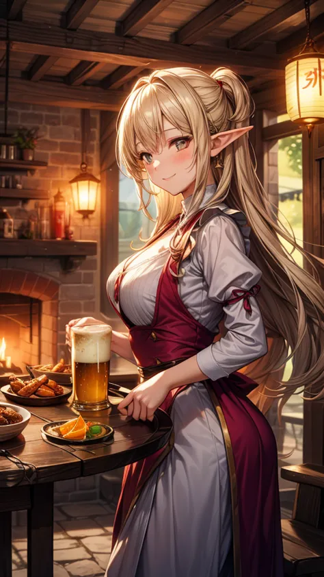 1girl,an illustrated scene set in a lively fantasy tavern at twilight. the focus is on a cheerful elf waitress, a young woman wi...