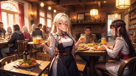 1girl,an illustrated scene set in a lively fantasy tavern at twilight. the focus is on a cheerful elf waitress, a young woman wi...