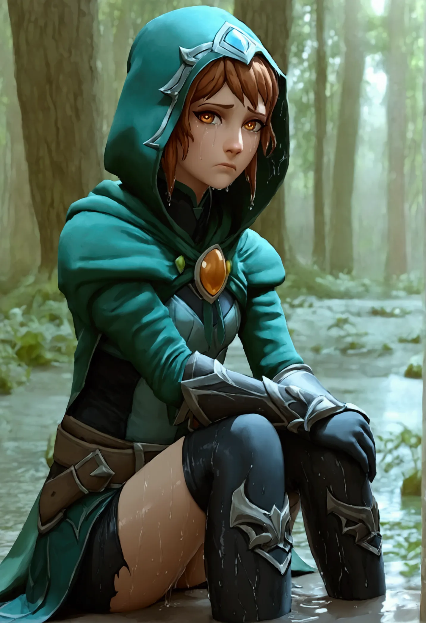 marci, ponytail, jacket, brooch, green cape, vambraces, black leggings, belt full body, small breasts, sad, frown, panic in eyes...