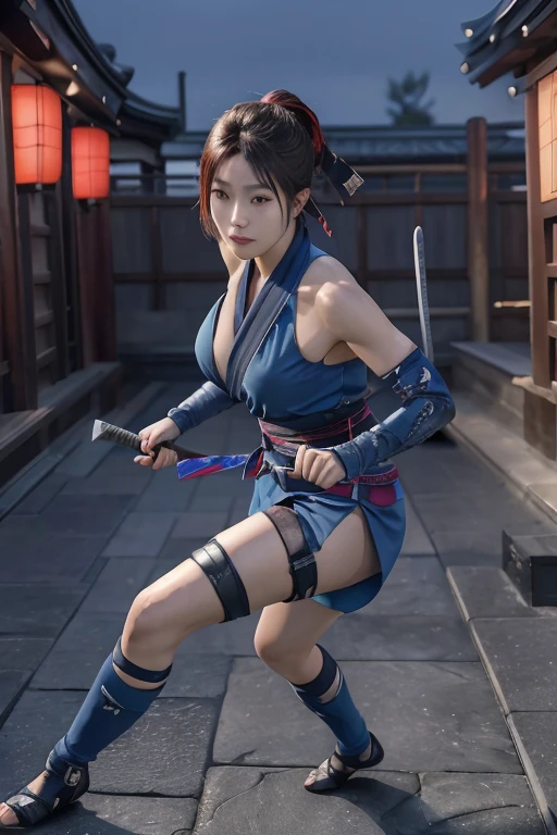 Highest quality,Ultra HD,Best AI Images, Full body photo,(beautiful face like a Japanese actress), Very detailed vfx portrait of, Female Ninja, Japanese kunoichi, cgsociety and Zhong Feng Hua, Covert behavior, Female Ninja, ((sword fighting scene)),sword fighting scene1.3,Portrait of a Japan woman, , Trending on deviantart, ((blue short ninja costume 1.5))，((sexy kunoichi,Big Breasts)), Japanese spy, 3D Rendering, (Beautiful Face 1.5), Key Visual, Vibrant, (((background 1 of a night mansion in the Sengoku period.5))), Very detailed, growing up,