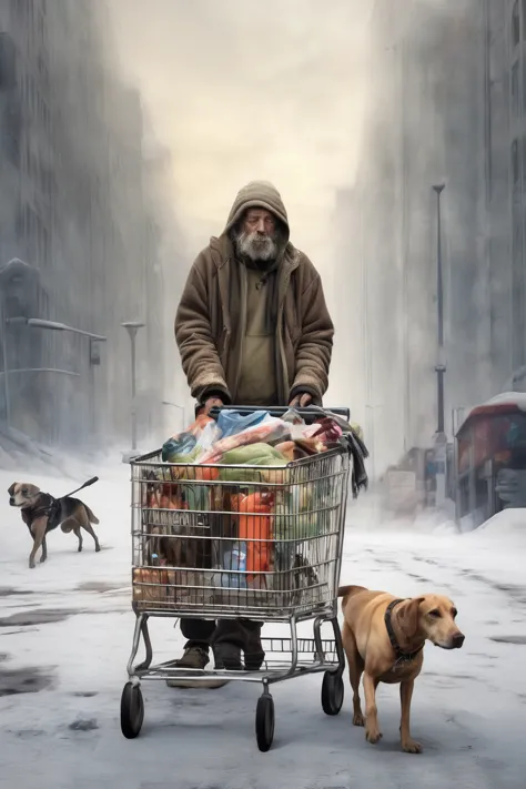 a homeless man wandering with his shopping cart and accompanied by his dog at the end of the world. surreal.