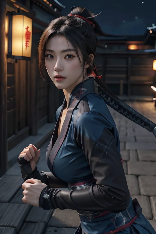 Highest quality,Ultra HD,Best AI Images, Full body photo,(beautiful face like a Japanese actress), Very detailed vfx portrait of, Female Ninja, Japanese kunoichi, cgsociety and Zhong Feng Hua, Covert behavior, Female Ninja, ((Scene of fighting with shurikens)),Scene of throwing shurikens 1.3,Portrait of a Japan woman, , Trending on deviantart, ((blue short ninja costume 1.5))，((sexy kunoichi,Big Breasts)), Japanese spy, 3D Rendering, (Beautiful Face 1.5), Key Visual, Vibrant, (((background 1 of a night mansion in the Sengoku period.5))), Very detailed, growing up,