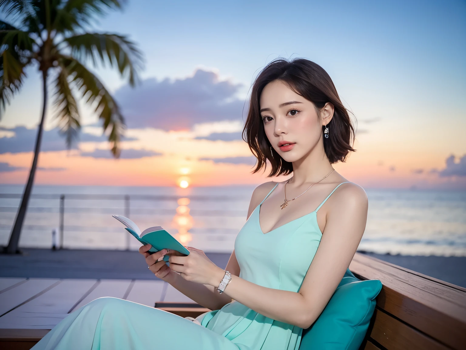 Capture a Miami sunset vibe with a serene seaside scene. The sky transitions from warm sunset hues to soft blues and pastel greens. In the foreground, a girl relaxes in a white dress loose fit, and flowing dress, adorned with earrings and a seashell necklace. She’s reading a book while enjoying tunes from a retro radio nearby at the beach front. Looking far to the sea, Enhance the setting relaxation vibe. The overall ambiance should evoke tranquility, relaxation, and the perfect chill of a Miami summer evening.,Asian,Girl,Short hair