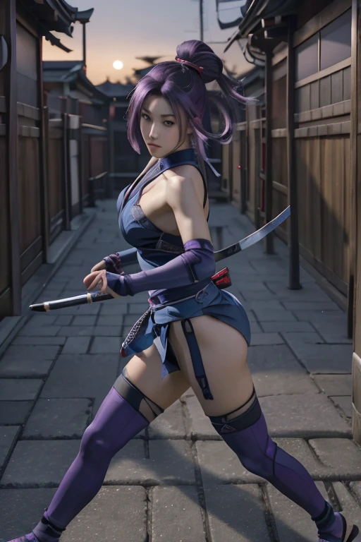 Highest quality,Ultra HD,Best AI Images, Full body photo,(beautiful face like a Japanese actress), ((Purple Hair))，Very detailed vfx portrait of, Female Ninja, Japanese kunoichi, cgsociety and Zhong Feng Hua, Covert behavior, Female Ninja, ((Scene of fighting with shurikens)),Scene of throwing shurikens 1.3,Portrait of a Japan woman, , Trending on deviantart, ((blue short ninja costume 1.5))，((sexy kunoichi,Big Breasts)), Japanese spy, 3D Rendering, (Beautiful Face 1.5), Key Visual, Vibrant, (((background 1 of a night mansion in the Sengoku period.5))), Very detailed, growing up,