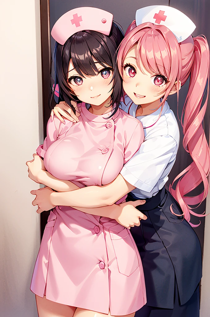 UHD, masterpiece, anatomically correct, super detail, high details, best quality, 8k,perfect beauty 2girls, oily skin, random Breast size、random hair style、random hair color,nurse uniform,nurse cap, crazy eyes, mismatched pupils, smile, anime style, retina,(hug),pink heart