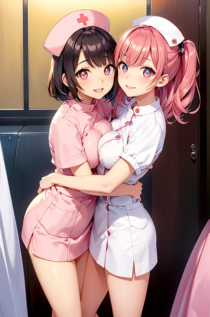 UHD, masterpiece, anatomically correct, super detail, high details, best quality, 8k,perfect beauty 2girls, oily skin, random Breast size、random hair style、random hair color,nurse uniform,nurse cap, crazy eyes, mismatched pupils, smile, anime style, retina,(hug),pink heart