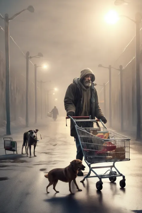 a homeless man wandering with his shopping cart and accompanied by his dog at the end of the world. surreal. cinematographic lig...