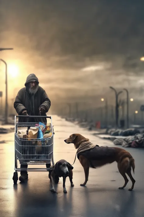 a homeless man wandering with his shopping cart and accompanied by his dog at the end of the world. surreal. cinematographic lig...