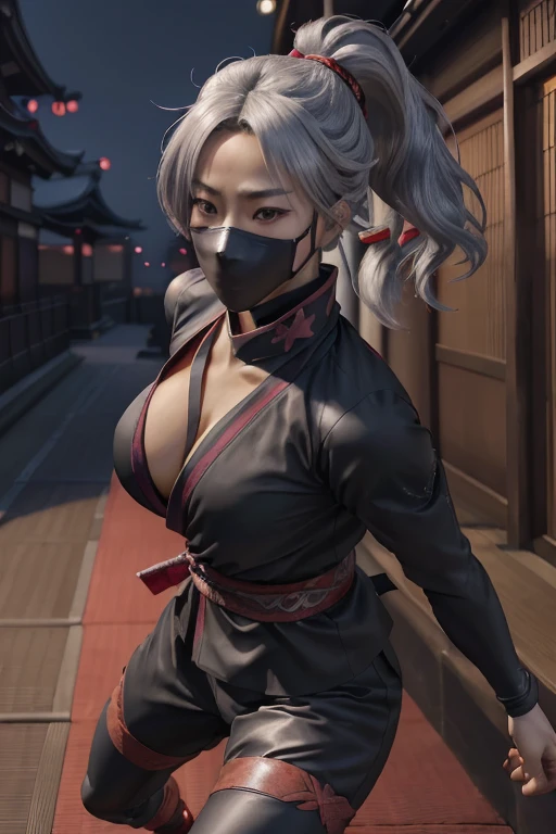 Highest quality,Ultra HD,Best AI Images, Full body photo,(beautiful face like a Japanese actress), ((Silver Hair 1.2)，Very detailed vfx portrait of, Female Ninja, Japanese kunoichi, cgsociety and Zhong Feng Hua, Covert behavior, Female Ninja, ((Scene of fighting with shurikens)),Scene of throwing shurikens 1.3,Portrait of a Japan woman, , Trending on deviantart, ((A short red ninja costume.5))，((sexy kunoichi,Big Breasts)), Japanese spy, 3D Rendering, (Beautiful Face 1.5), Key Visual, Vibrant, (((background 1 of a night mansion in the Sengoku period.5))), Very detailed, growing up,