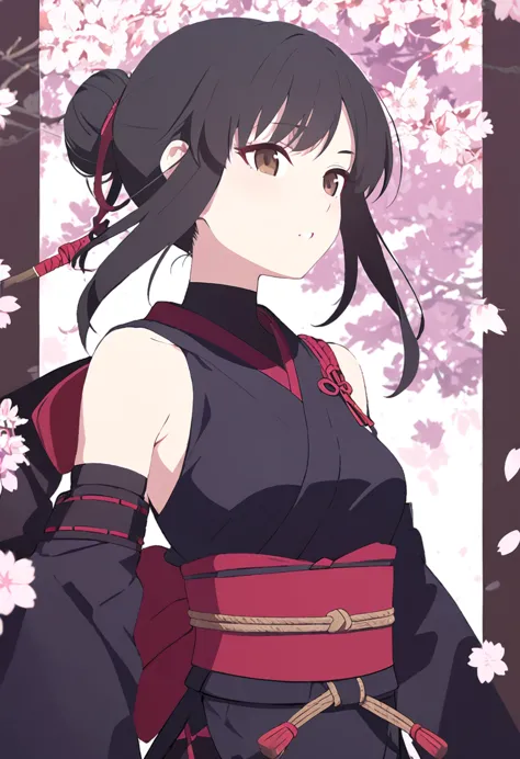 female ninja with shoulder blades, asian, long black hair, brown eyes, tights, ninja costume, cherry blossom background, japan, ...