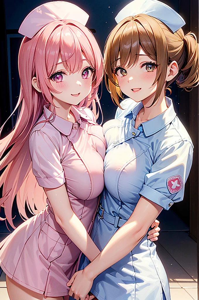 UHD, masterpiece, anatomically correct, super detail, high details, best quality, 8k,True overhead shooting,perfect beauty 2girls(2girls), oily skin, (random Breast size、random hair style、random hair color),breast press,nurse uniform,nurse cap, crazy eyes, mismatched pupils, smile, anime style, retina,background mini pink heart