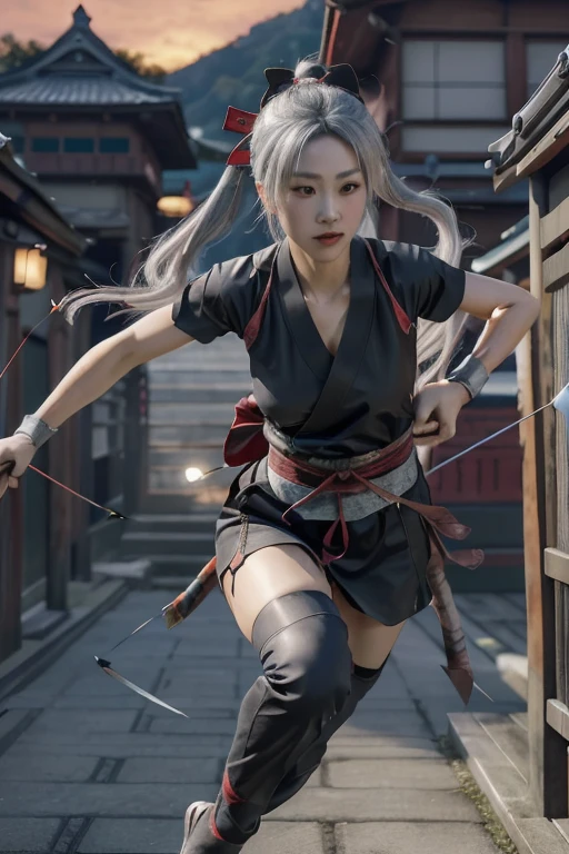 Highest quality,Ultra HD,Best AI Images, Full body photo,(beautiful face like a Japanese actress), ((Silver Hair 1.2)，Very detailed vfx portrait of, Female Ninja, Japanese kunoichi, cgsociety and Zhong Feng Hua, Covert behavior, Female Ninja, ((A scene of fighting with a bow and arrow)),A scene of shooting an arrow 1.3,Portrait of a Japan woman, , Trending on deviantart, ((A short red ninja costume.5))，((sexy kunoichi,Big Breasts)), Japanese spy, 3D Rendering, (Beautiful Face 1.5), Key Visual, Vibrant, (((background 1 of a night mansion in the Sengoku period.5))), Very detailed, growing up,
