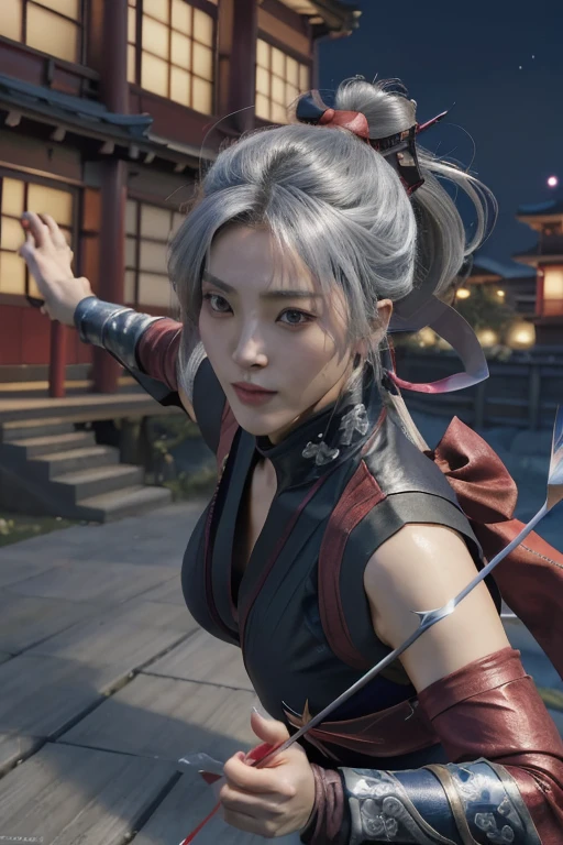 Highest quality,Ultra HD,Best AI Images, Full body photo,(beautiful face like a Japanese actress), ((Silver Hair 1.2)，Very detailed vfx portrait of, Female Ninja, Japanese kunoichi, cgsociety and Zhong Feng Hua, Covert behavior, Female Ninja, ((A scene of fighting with a bow and arrow)),A scene of shooting an arrow 1.3,Portrait of a Japan woman, , Trending on deviantart, ((A short red ninja costume.5))，((sexy kunoichi,Big Breasts)), Japanese spy, 3D Rendering, (Beautiful Face 1.5), Key Visual, Vibrant, (((background 1 of a night mansion in the Sengoku period.5))), Very detailed, growing up,
